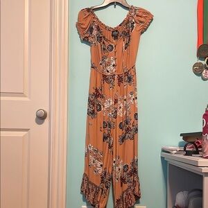 Angie Orange Floral Jumpsuit with Ruffled Sleeves